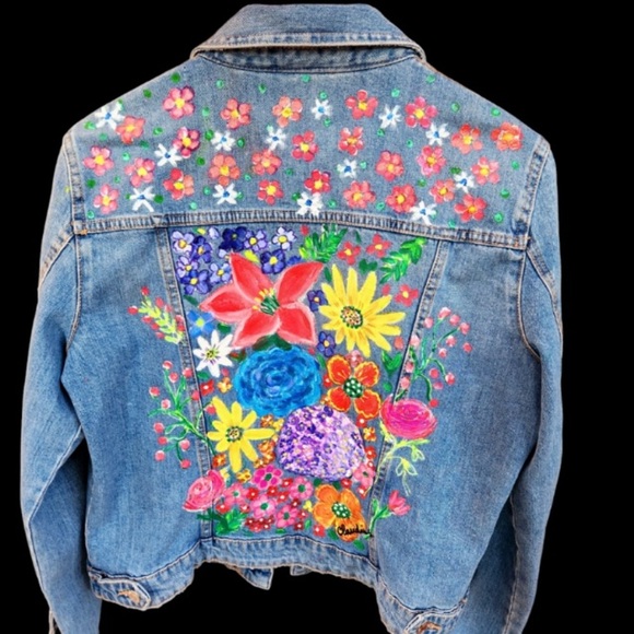 Hand-Painted, Sunflower/Wildflower Jean Jacket - Picture 1 of 3